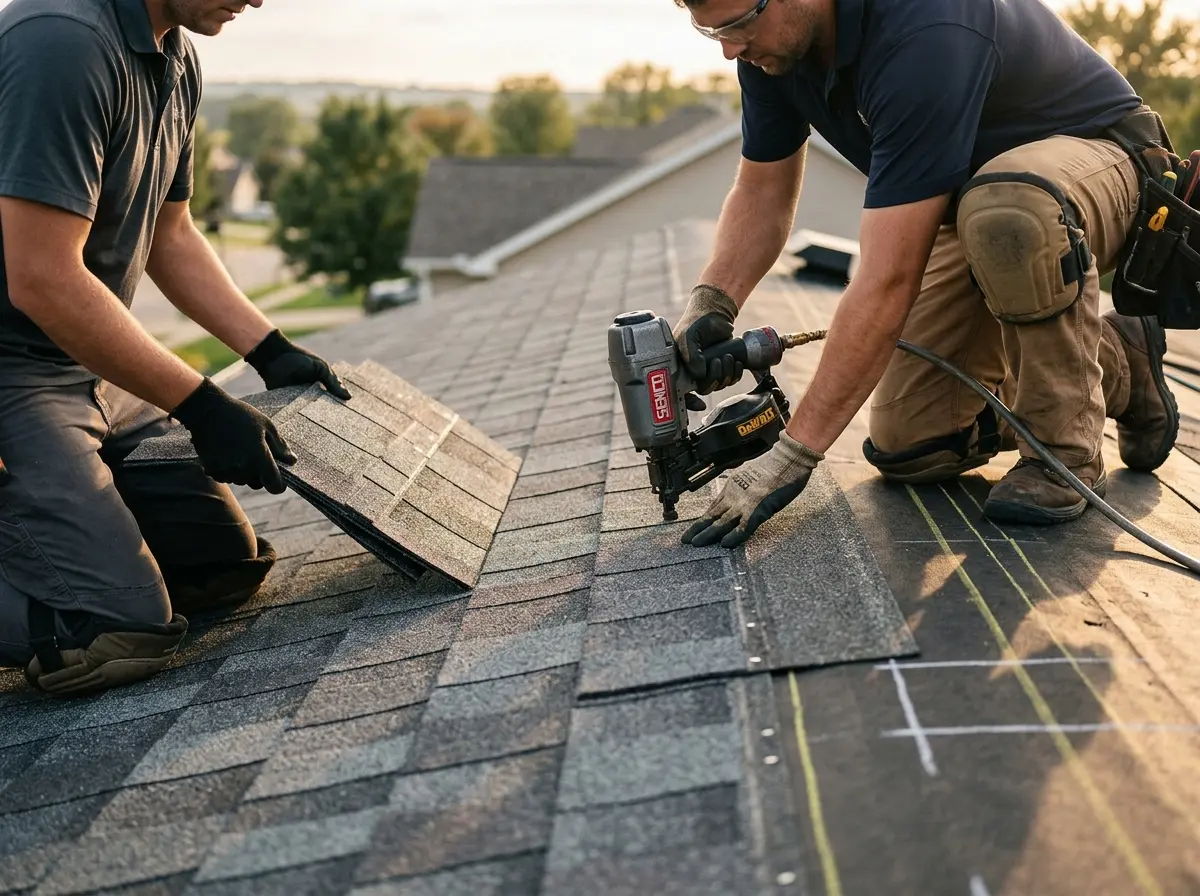 Professional roofer working on a residential roof in Warren
